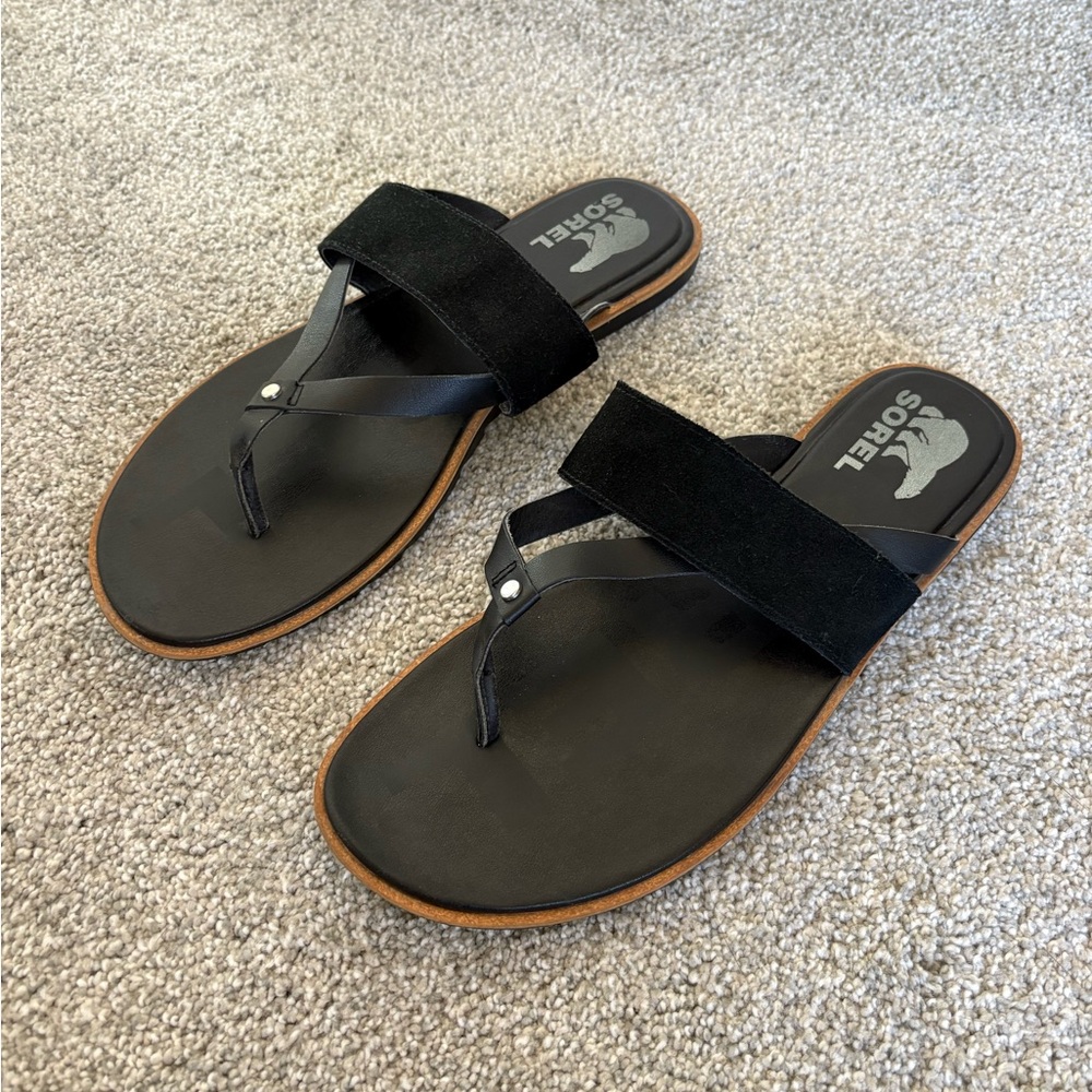 Sorel Black Leather & Suede Flip Flop Sandals